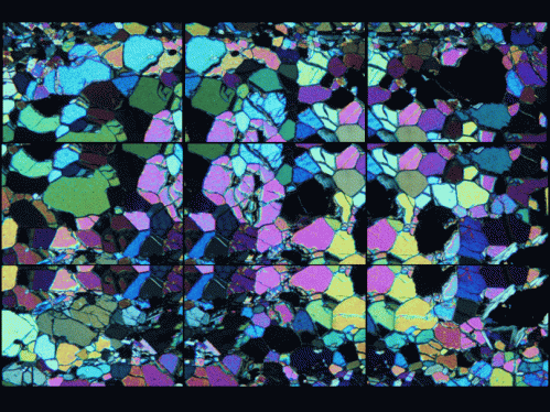 A photo mosaic of 9 photos of a a thin section of dunite